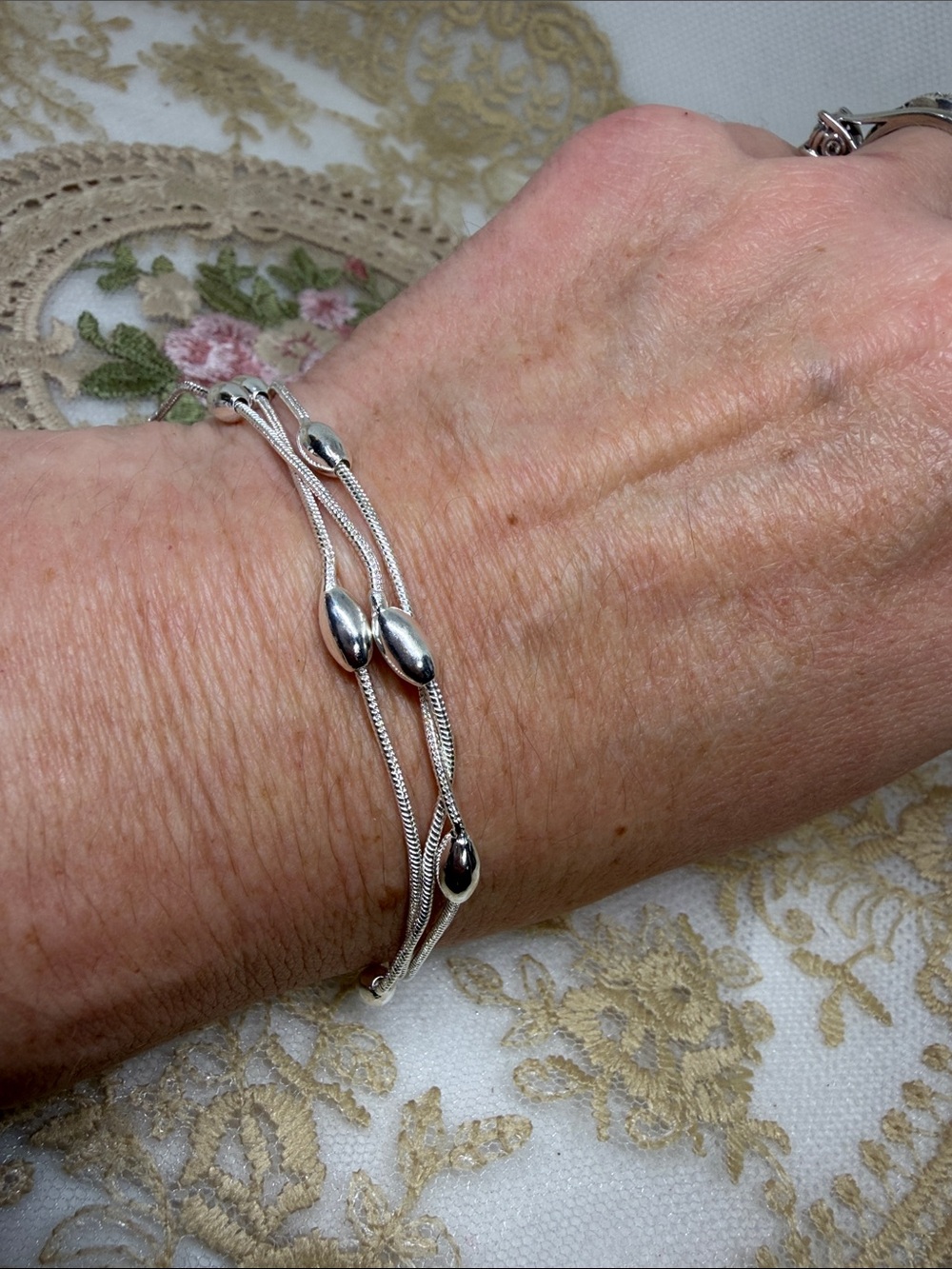 925 Sterling Silver Liquid Silver Triple Snake Chain Bead Bracelet 7”